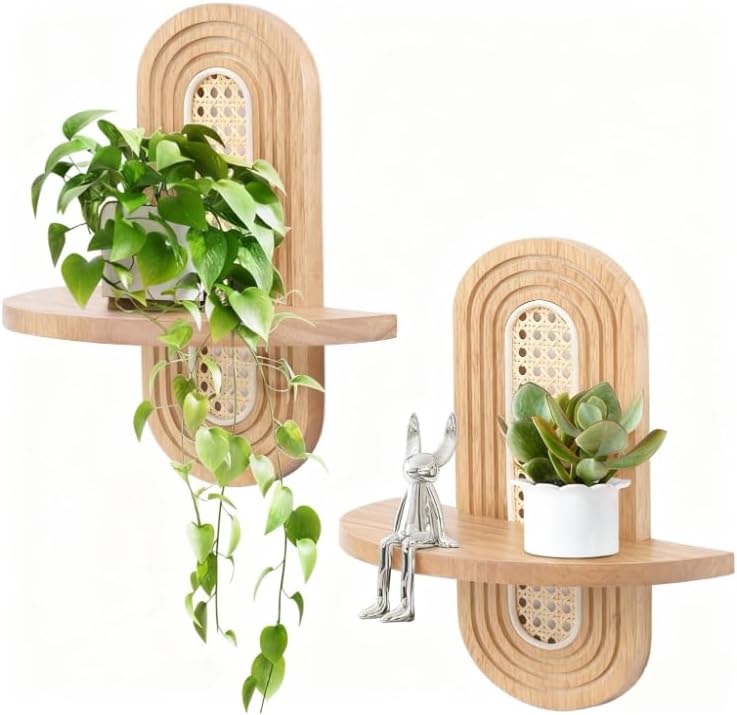 Boho Rattan Wall Floating Shelves Set of 2, Mid Century Wood Plant Shelf, Decorative Wall Mounted Storage Shelf for Living Room, Bedroom, Nursery, Home Office (Natural)