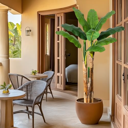 GarveeHome Artificial Banana Tree, 5FT Faux Banana Tree with Grey Planter, Artificial Plants with 11 Faux Banana Leaves Plant for Home Office Decor