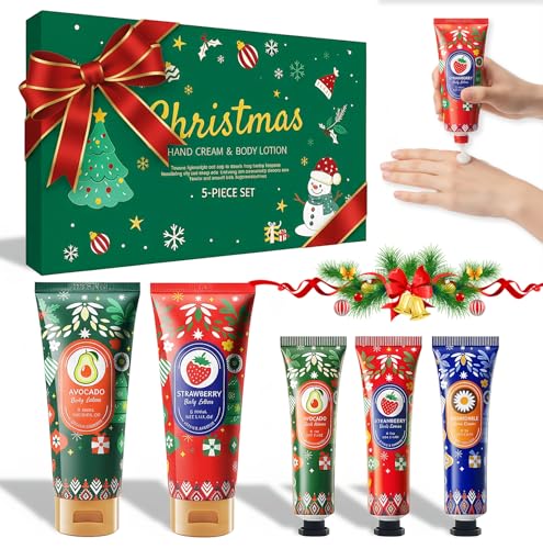 Set de Regalo de Crema de Manos y Loción Corporal Navideña, 2 x 100 ml Cremas Corporales & 3 x 30 ml Loción Manos, Cuidado Hidratante Para Piel y Secas
