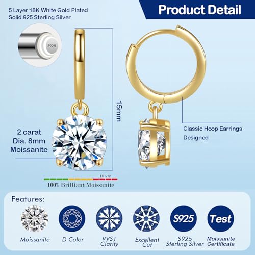 Moissanite Hoop Earrings for Women，2-4CT 4-Prong 18K White Gold Plated 925 silver D Color Drop Earrings, Certificate Jewelry for Her Birthday Wedding3