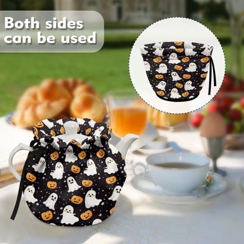 Image of Ghost Pumpkin Teapot Dust Cover, Portable Premium Fabric Tea Cosy with Drawstring Breakfast Warmer Insulation and Keep Warm, Kitchen Thanksgiving Decor