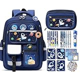 Fimibuke Kids Backpack for School Boys, 30PCS Space Toddler School Supplies Stationery Set with Bookbag Pencil Case Pins Gel Pens Pencils Notebooks Christmas Gifts for Kindergarten Elementary Student