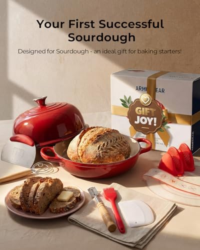 Image of 5QT Enameled Cast Iron Sourdough Bread Oven & Starter Kit, Red | Tight-fitting Dome Lid Helps Retain Steam, Baking Kit Supports Proofing, Scoring & Dough Transfer, Complete Artisan Bread Set
