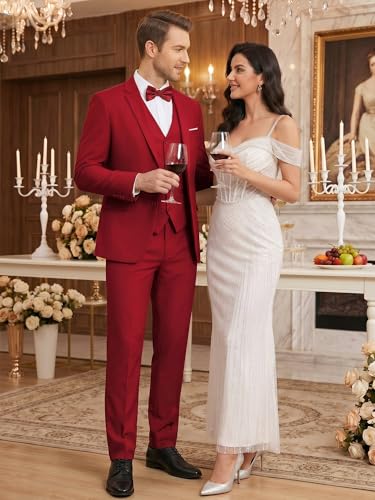 Image of WEEN CHARM Men's 3-Piece Slim Fit Suit Set-2-Button Blazer,Vest & Pants-Formal Wedding,Prom,Party & Business Tuxedo