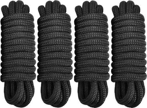PACTHSD 4 Pack 1/2' x 20' Dock Lines - Marine Grade Nylon Boat Ropes with 12' Eyelet for Docking and Mooring - Double Braided Boat Lines, High Strength, Easy Handling, Fray Resistant - Black