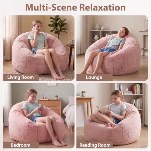 Image of HUGHEAVEN Medium Memory Foam Bean Bag Chair for Teens & Kids - 3ft | Fluffy Floor Chair Lounger, Cozy Faux Fur Reading Nook Chair, Comfy Beanbag Sofa Couch, Floor Seating Foam Seat with Filler