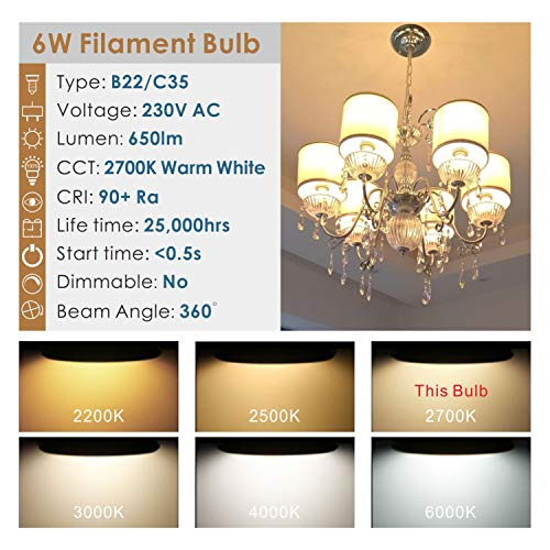 Hizashi Lampadina LED B22 a Filamento, 6W, 650LM