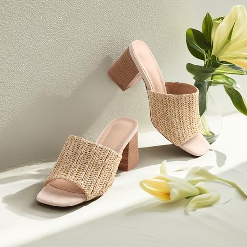 Image of Ancomafio Heeled Sandals for Women,Raffia Sandals 2026 Chunky Heels Square Toe Mules Block Summer Shoes Slip On
