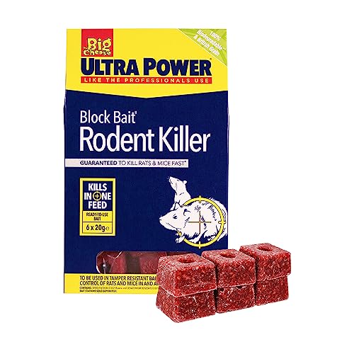 The Big Cheese Ultra Power Block Bait Rodent Killer - 20 g x 6, Rat and Mice Brodifacoum Poison Blocks, Fast Acting, Biodegradable, British Grain, Indoor Outdoor All Weather, Red