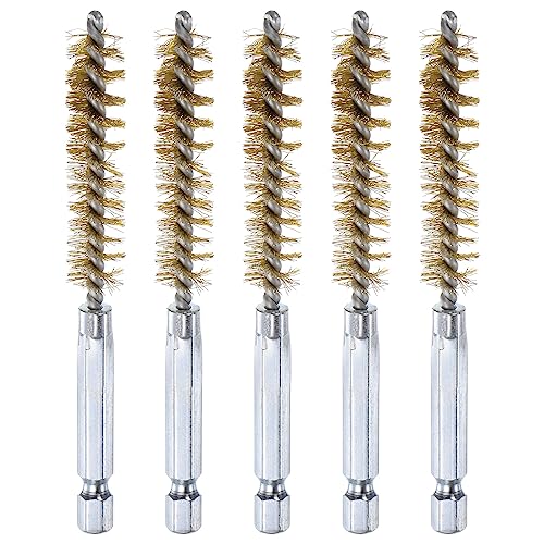 HARFINGTON 5Pcs Brass Bore Brush 11mm Dia 4" Long Cleaning Twisted Wire Brush with Handle 1/4" Hex Shank for Tubes, Ports, Bearings