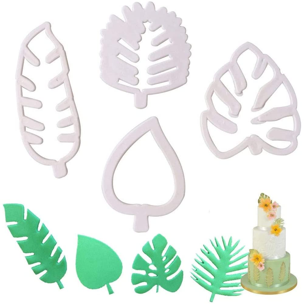 ELECDON 4 pcs Tropical Leaf Cookie Cutter, Tropical Palm Leaves Cookie Mold Flowers Fondant Leaf Cookie Cutter for Gum Paste, Sugarcraft Candy, Cake Decorating