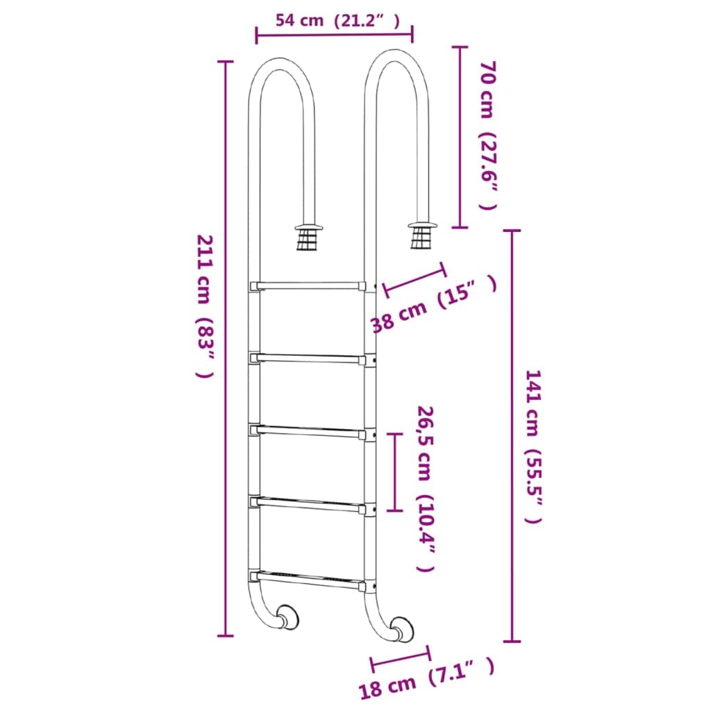 Escalera de piscina de acero inoxidable 304, 54 x 38 x 211 cm, con 5 peldaños antideslizantes, pasamanos y soporte, escalera de piscina para piscinas empotradas, escaleras de piscina como ayuda de