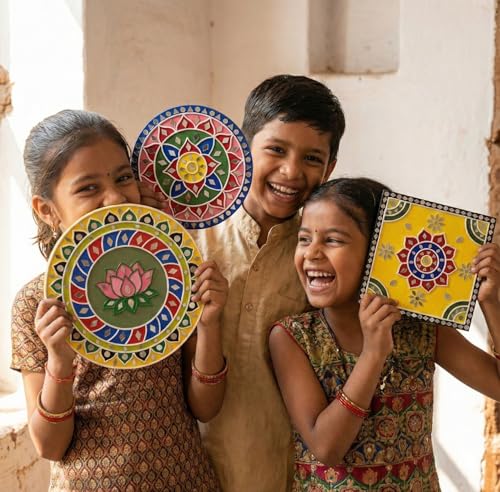 Image of ImagiVibe DIY Lippan Art Kit for Kids & Adults | 3 Pre-Marked 8 Inch MDF Boards with Stand | Indian Folk Art Painting Kit with Clay, Mirrors & Acrylic Paint | Creative Wall & Desk Decor | Art & Craft Kit for Gifting Artists, Students, Children (8inch (Acrylic Colors))