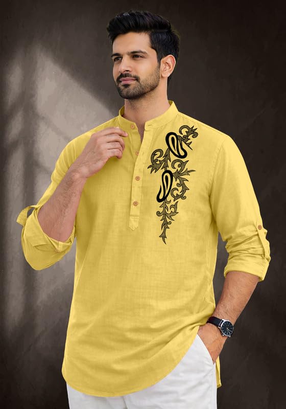 Image of Cotton Blend Self Design Printed Casual Short Kurta for Men Long Sleeve Mandarin Collar Stylish Kurta Shirt for Men