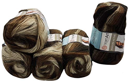Ilkadim 5 x 100 g YarnArt Angora Active - Ovillo de lana (500 g, 25% lana mohair), color marrón oscuro y crema 849