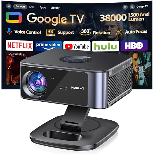 Horlat Videoprojecteur Google TV【38000 Lumens/Netflix Officiel /360° Rotatio】- Projecteur Video 4K Supporté, Contrôle Vocal, WiFi 6 Bluetooth5.2, HDR10, Rétroprojecteur Home Cinéma/Extérieur