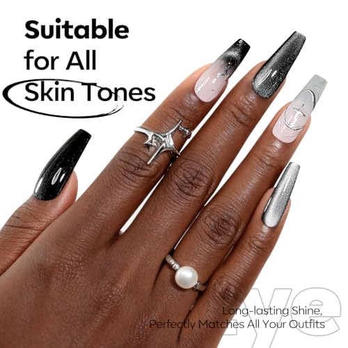 Image of modelones Black Cat Eye Gel Nail Polish Silk Glass Shimmer Black Nail Polish Holographic Glitter Magnetic Polish with Magnet Soak Off Led 15 ML