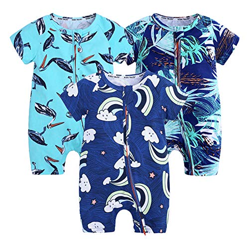 Kids Tales 3 Pack Baby Boys Girls Short Cotton Pajamas Cute Graphic Zip Romper