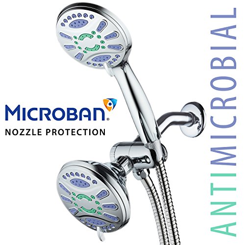 AquaStar Elite 3-in-1 High-Pressure 48-mode Spa Shower Head Combo with Microban Antimicrobial Anti-Clog Jets for More Power & Less Cleaning! Extra-Long 5 ft. Stainless Steel Hose. All Chrome Finish