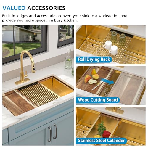 Image of 33 Undermount Kitchen Sink Gold - Fulorni 33 inchx19 inch Kitchen Sink Brushed Gold NANO-PVD Ledge Workstation 16 Gauge 304 Stainless Steel Under Counter Single Bowl Basin