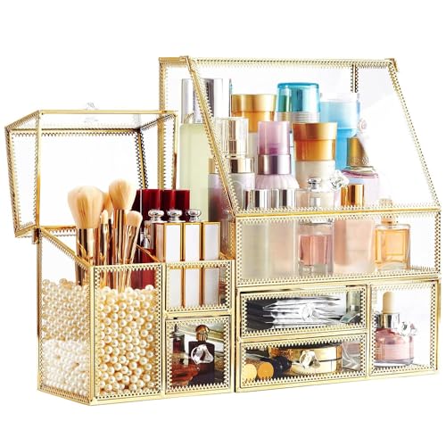 NEW NOAM 3-Pieces Multifunctional Makeup & Skin Care Organizer Set - 7 Compartments Gold Makeup Organizer for Vanity Countertop - Cosmetic Display Cases