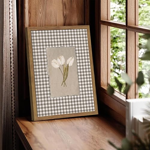 Image of Vintage White Tulips Framed Canvas Wall Art - Brown Gingham Botanical Painting Print, Rustic Farmhouse Floral Picture for Living Room Bedroom Nursery Office Home Decor 12x16 inch