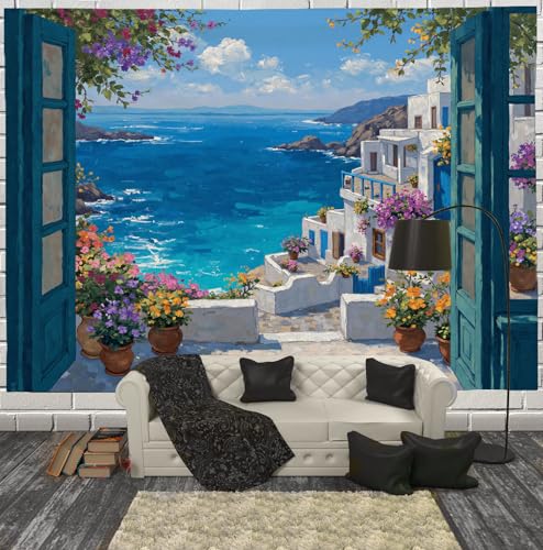 Tapiz Pared Pintura Al Óleo Ciudad Mediterránea, Colores Azul Verdoso Bohemios Para Colgar En La Pared, Tapices Paisaje Natural Para Sala De Estar, Dormitorio, Decoración Del Hogar, 230X180Cm