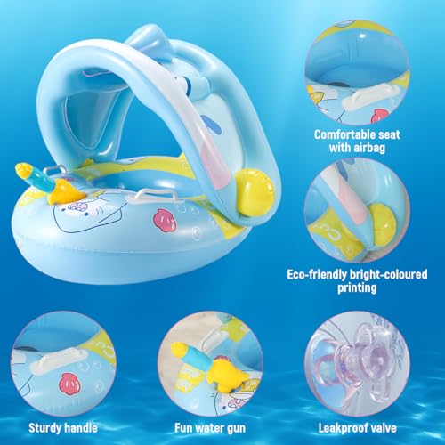 Image of PATPAT Thicken Inflatable Kids Pool Float with Canopy Detachable, Pirate Ship Floaties with Captain & Water Gun, Swimming Pool for Boys & Girls Suitable Child for 3-6 Year Olds