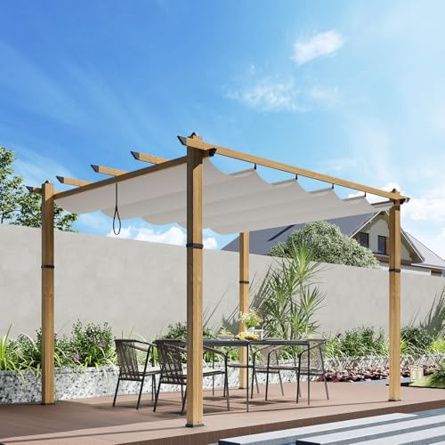10' X 10' Retractable Pergola Canopy with Natural Wood Like Frame for Backyards, Gardens, Patios, Outdoor Pergola with Sun Shade Canopy,Beige