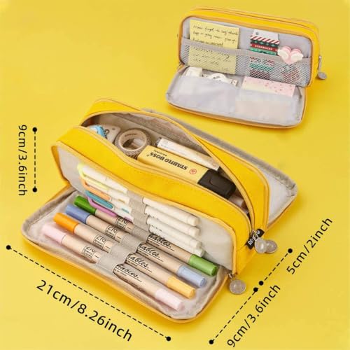 Image of Canvas School Bag Pencil Case, 3 Layer 6 Compartment Large Capacity, Aesthetic Pencil Pouch for Stationary, Cute Stationery for Kids, Pencil Case for Girls & Boys (Special Yellow)