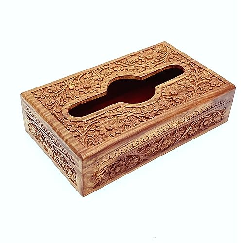 Image of Handmade Wooden Tissue Box Napkin Holder 10 x 6 Inch | Tissue holder for Dinning Table | Tissue box holder | Tissue paper holder for Facial Napkins | Tissue Box for Car (Carving)