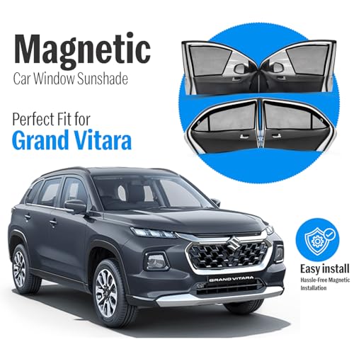 Image of Autofact Magnetic Car Sunshades Compatible with Maruti Grand Vitara (Set of 4) - Easy Installation, UV Protection, Keeps Car Cool (Front 2 Half-Cut for Side Mirror Visibility, Rear 2 with Zippers)