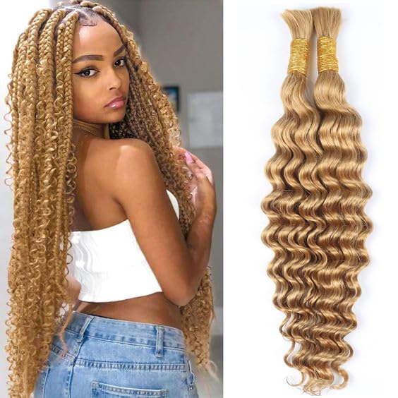 Deep Wave 2 Bundle Bulk Human Hair for Braiding Highlight Honey Blonde Curly Hair Extensions for Boho Braids Wet and Wavy Color 27 Human Braiding Hair