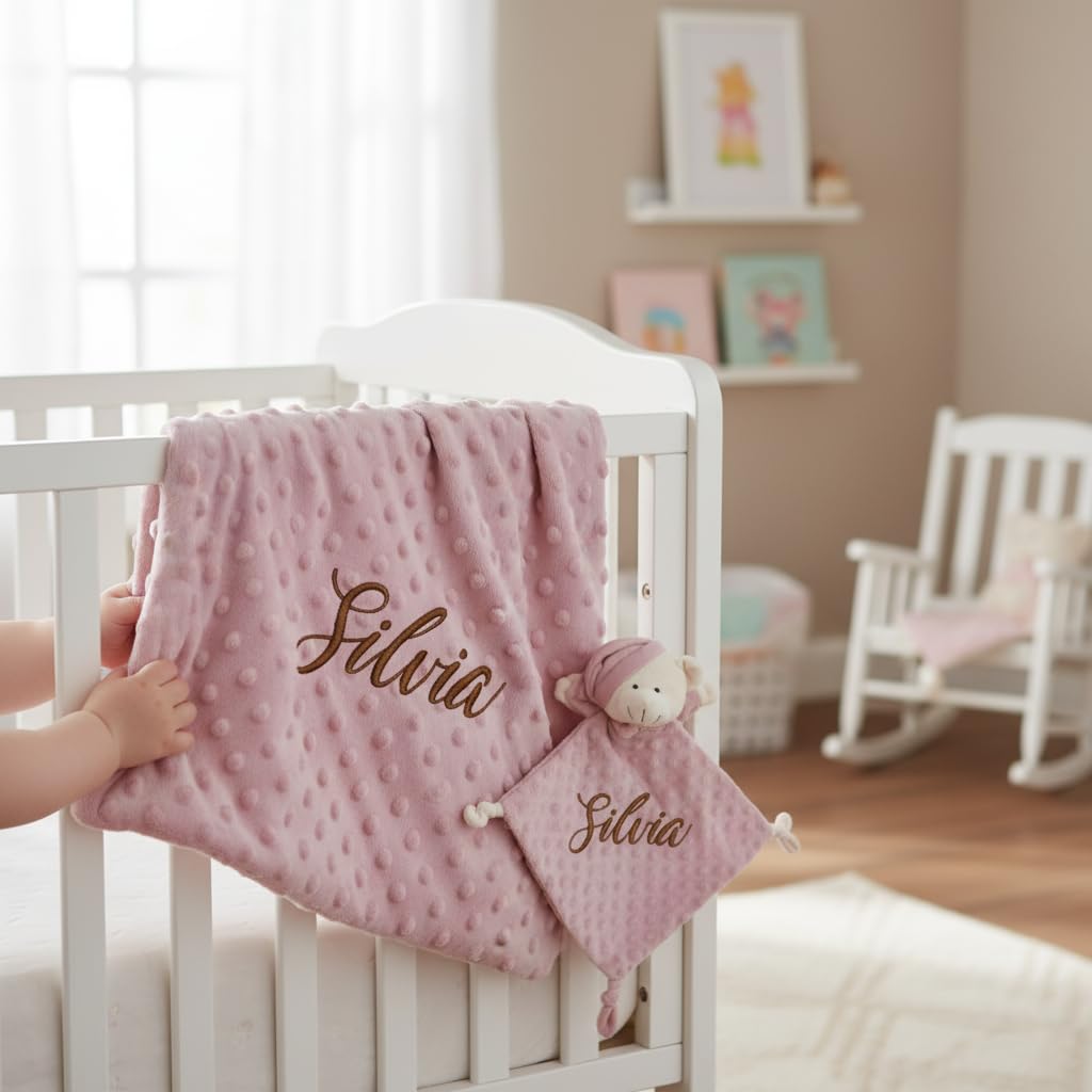 various Set Personalizada Manta + Dou Dou Bordado Bebe Recien Nacido Padres Primerizos Manta Suave Minky Poliester Cuna Coche Nina Nino Nombre Bordado Detalle Tierno Color Maquillaje - 3
