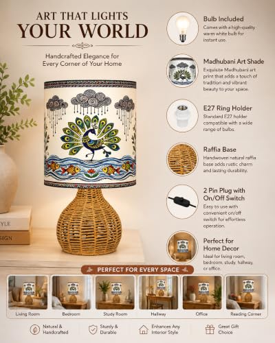 Image of Homesake Handwoven Rattan Table Lamp with Madhubani Art Printed Fabric Shade, Decorative Raffia Spinning Bedside Lamp, Boho Table Lamp with E27 Holder, Living Room, Bedroom & Home Decor