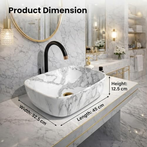 Image of Ceramic Tabletop Wash Basin - Glossy Rectangular Countertop Vessel Sink with Marble Finish for Bathroom & Vanity | Compact 18 x 13 x 5 Inch | Elegant Washbasin