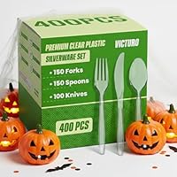 Halloween Deal 400 Pack Heavy Duty Clear Plastic Silverware Set - 150 Forks, 150 Spoons, 100 Knives, BPA-Free, Heat Resistant Disposable Cutlery for Parties, Restaurants, Weddings, Daily Use