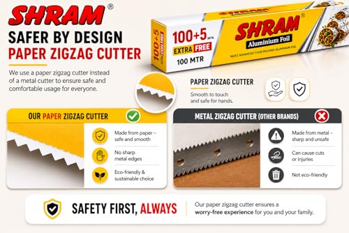 Image of Aluminium Foil 100 Meter + 5 Meter Free | 11 Micron Food Grade Kitchen Foil Roll | Safe Paper Zigzag Cutter | Multipurpose Foil for Home, Hotel & Restaurant Use | Baking, Grilling & Food Wrapping