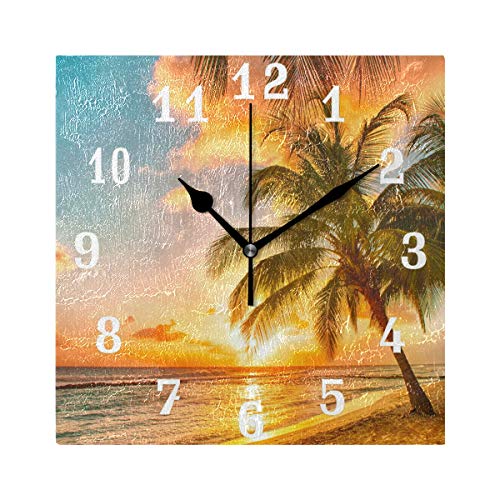 Fprqlyze Wall Clock Tropical Sea Beach Palm Tree Sunset, Silent Non Ticking Clock for Kitchen Living Room Bedroom Home Artwork Gift
