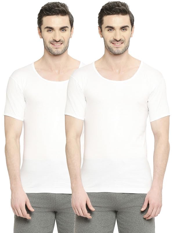 Image of VIP KNITSHRUNK 100% Cotton Antimicrobial Round Neck Half Sleeve Vest Combo Set for Mens with Sweat Absorbent Inner Vest, White