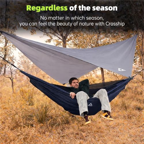 Image of Camping Hammock with Mosquito Net and RainFly Tarp - 2 Person Hammock, Portable Parachute Nylon Hammock for Outdoor, Hiking, Backpacking, Backyard, Travel (Up to 500lbs) - Midnight Blue