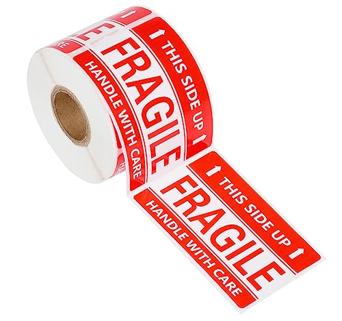 Image of 3 x 2 Inch Handle with Care This Side Up 300 Permanent Adhesive Fragile Stickers for Shipping Moving Glass Labels (1 Roll, 300 Labels)