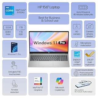 HP 15.6" FHD Touch Laptop, Intel i5, 32GB RAM, 1TB SSD, Windows 11 Pro, Wi-Fi 6, Flagship Business Laptop Bundle with Docking Station – Natural Silver