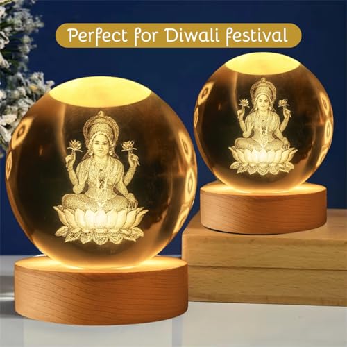 Image of 3D Laxmi Maa Crystal Ball LED Night Lamp, Engraved Romantic Heart Design, Wooden Base, Decorative Night Light for Couples, Bedroom Gift (Laxmi Maa)