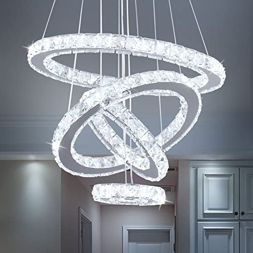 Dixun - Moderno lampadario a sospensione a LED in cristallo, con quattro anelli, luce bianca fredda (60 W, bianco freddo)