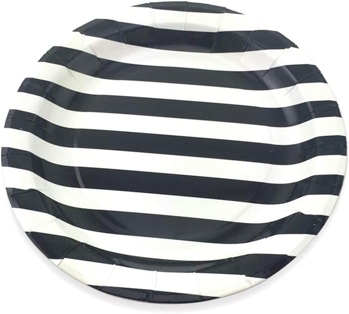 Black Striped Paper Plates 72pcs - 9inch Round Party Plates for Dessert, Cakes, Fruits