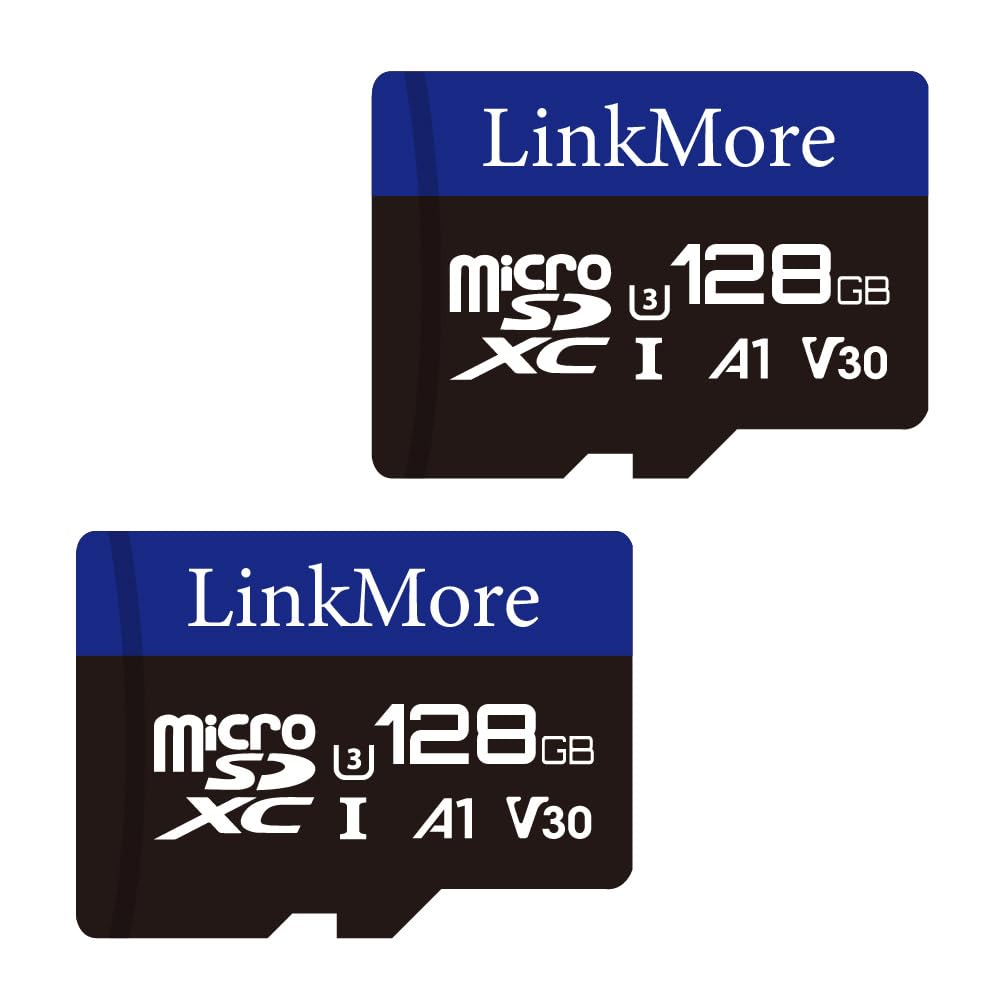 LinkMore Scheda Micro SDXC da 128 GB (2 pezzi), A1, UHS-I, U3, V30, compatibile con classe 10, velocità di lettura fino a 95 MB/s, velocità di scrittura fino a 45 MB/s, adattatore SD incluso