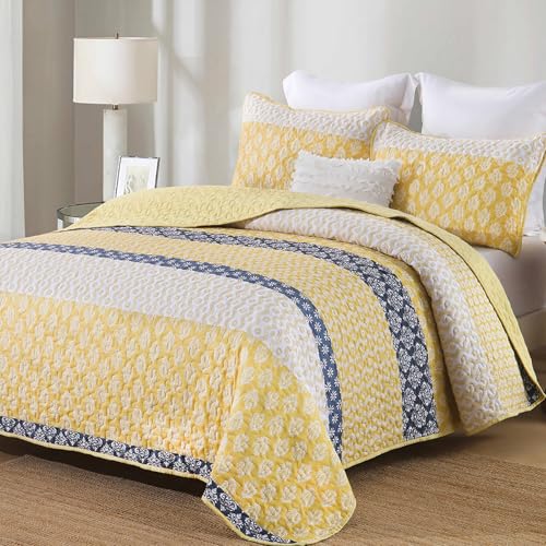 Cottolester Boho Quilt Set Queen Size Yellow Striped Bedspread Lightweight Soft Microfiber Bedding Set 96