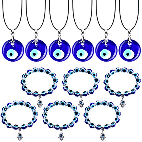 Hicarer 12 Pieces Evil Eye Necklace Bracelet Set Include 6 Evil Eye Necklace Blue Turkish Glass Leather Rope and 6 Hamsa Blue Beaded Charm Bracelet for Women Men