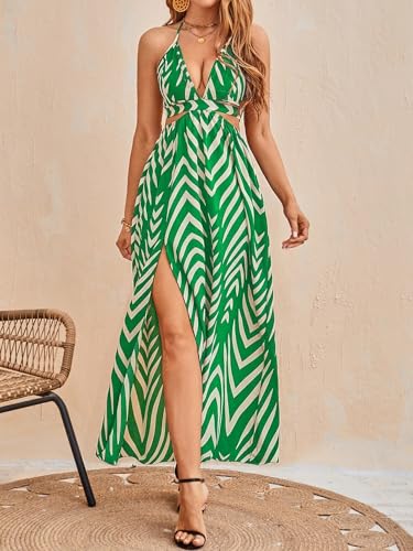 Image of SweatyRocks Women's High Split Tie Backless Cut Out Halter Maxi Dresses Boho Vacation Long Dress